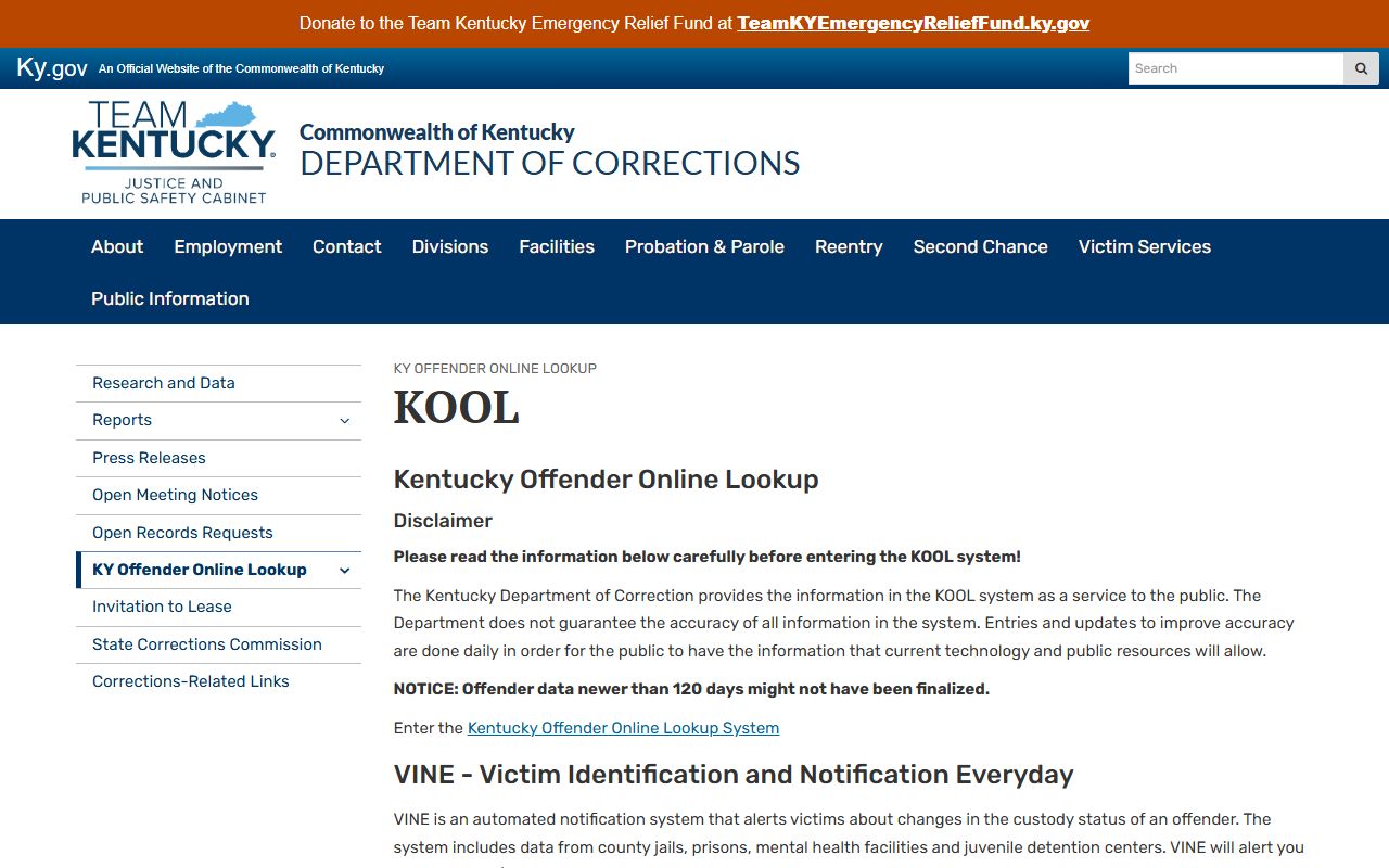Gallatin County booking photo lookup through Kentucky DOC KOOL information